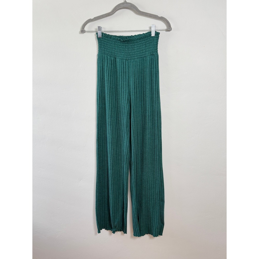 Z Supply Wide Leg Pants Women S Green Ribbed Smocked High Waist Casual Weekend